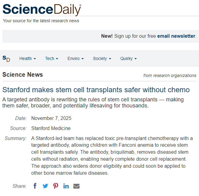斯坦福大學(xué)使干細(xì)胞移植無(wú)需化療更加安全
