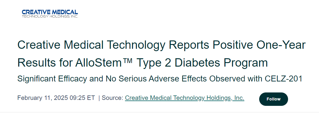 創新醫療技術公司報告AlloStem? 2型糖尿病項目一年來取得積極成果
CELZ-201 療效顯著，未觀察到嚴重不良反應