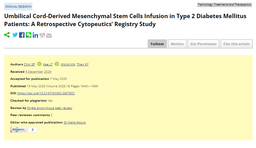 臍帶間充質干細胞輸注治療2型糖尿病患者：一項回顧性細胞療法注冊研究