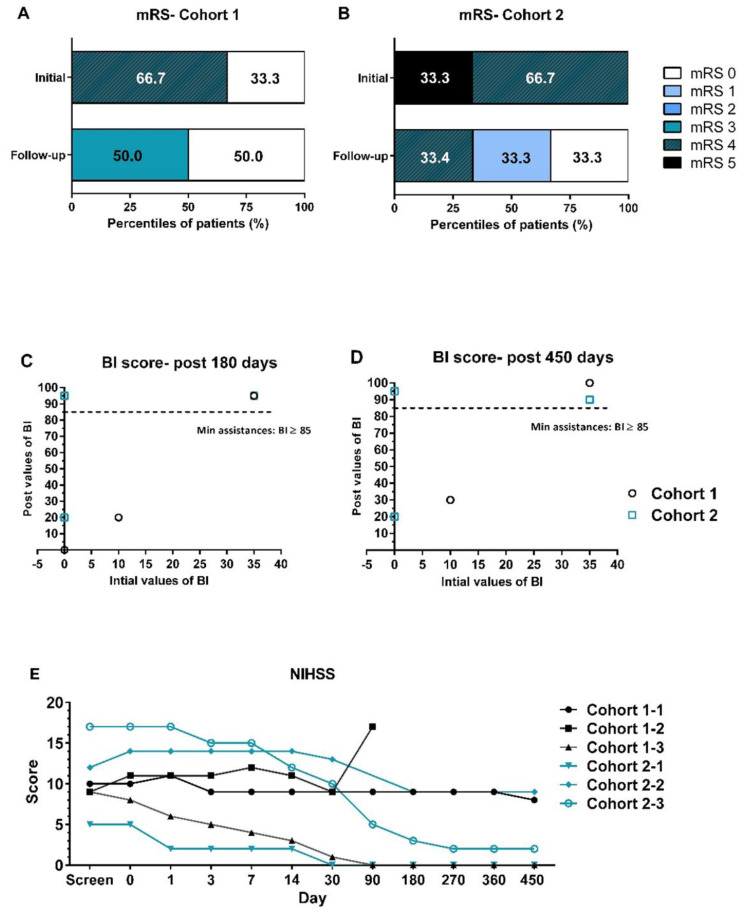 圖2：采用改良Rankin量表（mRS）、美國國立衛(wèi)生研究院卒中量表（NIHSS）和Barthel指數(shù)（BI）進(jìn)行臨床功能評估。?(A, B) 隊(duì)列1和隊(duì)列2在基線和隨訪結(jié)束時的mRS評分分布。(C, D) 所有患者在初始篩選時的BI評分值與治療后180天和450天的BI評分值進(jìn)行比較。(E) 所有患者在整個試驗(yàn)期間的NIHSS評估。