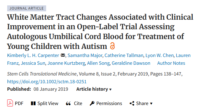 在一項評估自體臍帶血治療自閉癥幼兒的開放標簽試驗中，白質束變化與臨床改善相關