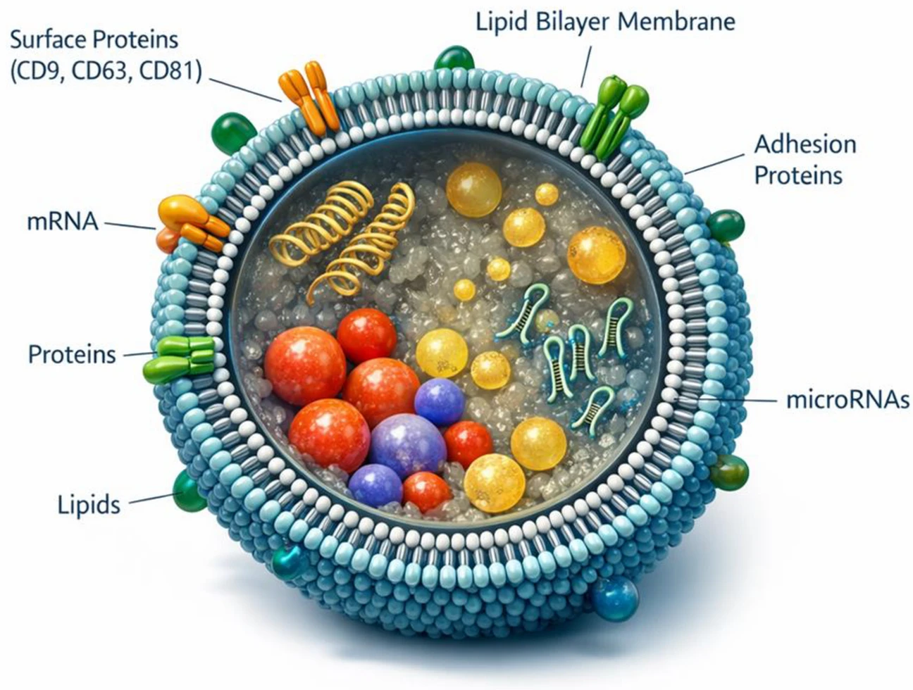 圖2：外泌體的結構示意圖。該圖展示了脂質雙層膜、表面蛋白（例如四跨膜蛋白CD9、CD63和CD81）以及內部貨物，包括蛋白質、脂質、mRNA和microRNA。