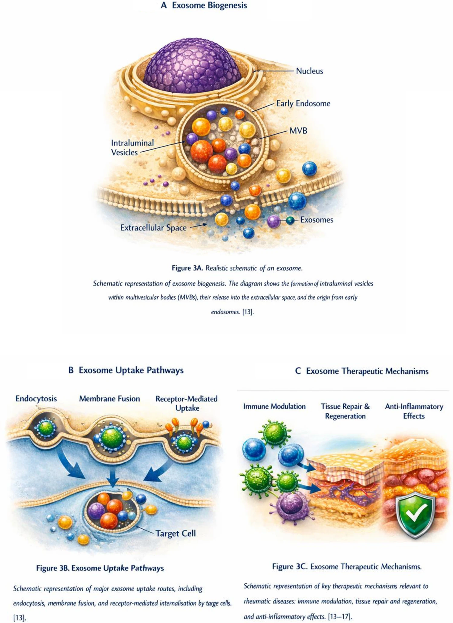 圖3：（A）外泌體生物發生。細胞產生外泌體的示意圖。（B）外泌體攝取途徑。主要外泌體攝取途徑的示意圖，包括胞吞作用、膜融合和靶細胞受體介導的內吞作用。（C）外泌體治療機制。與風濕性疾病相關的關鍵治療機制的示意圖：免疫調節、組織修復和再生以及抗炎作用。